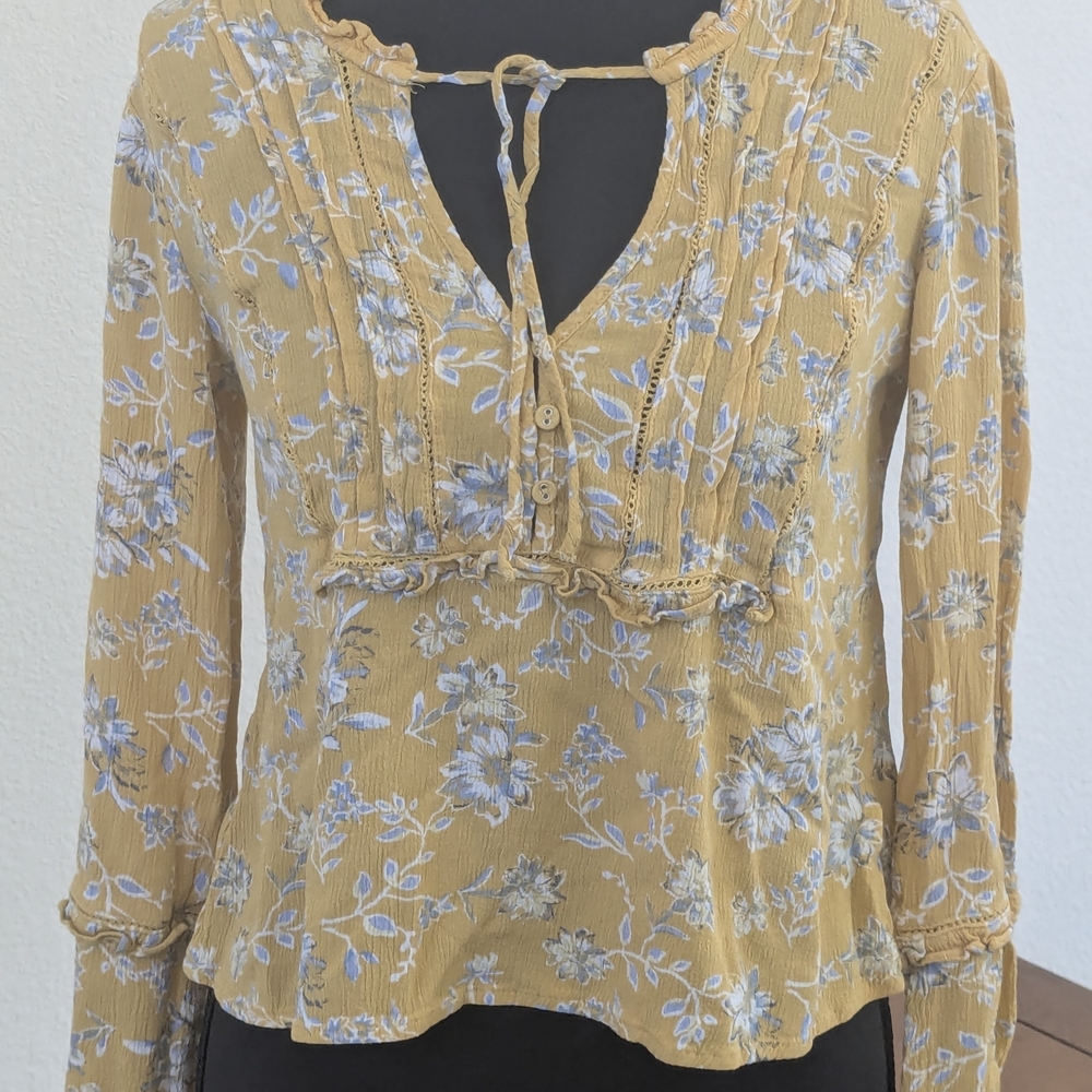 American Rag Boho Floral Peasant Blouse Small Mustard Yellow Prairie Cottagecore